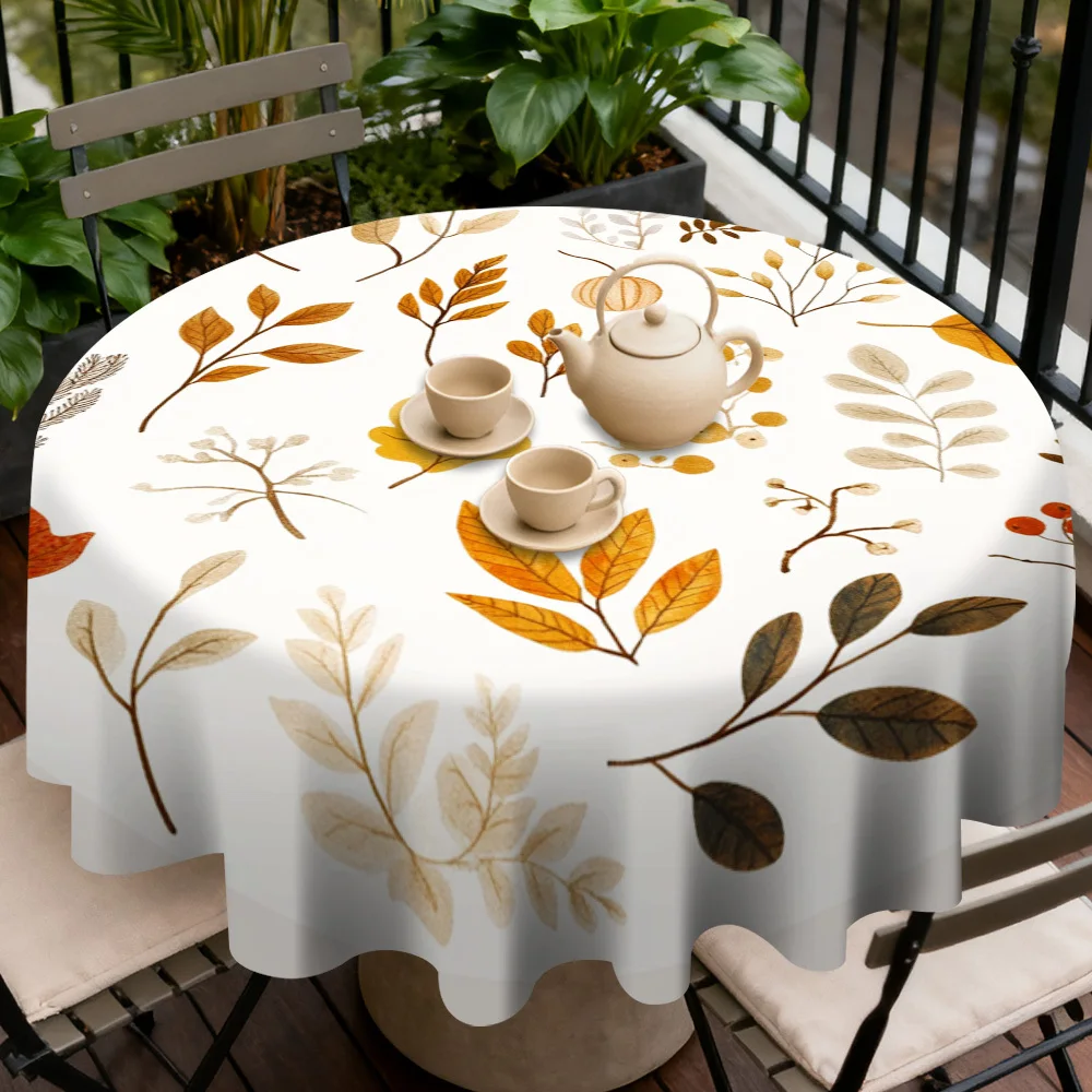 One round tablecloth with a design of autumn leaves and the sun. It is perfect for creating a breakfast area.zyc