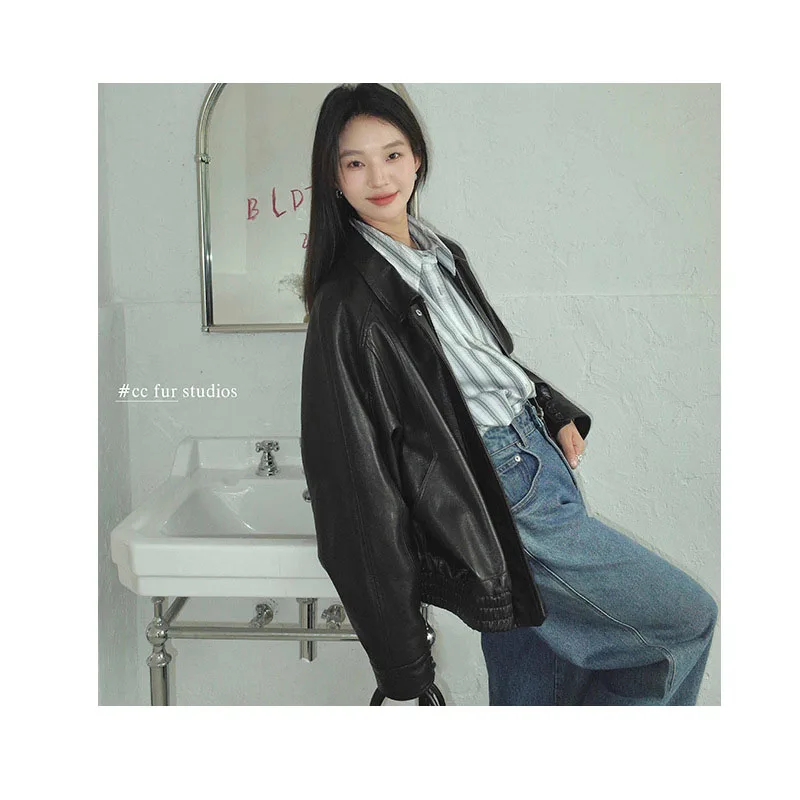 Nowa skórzana kurtka damska ze skóry owczej, wiosenna, na spotkanie gastronomiczne