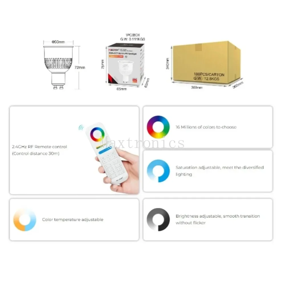 MiBoxer FUT106ZR Zigbee 3.0+2.4G RF AC110V 220V Smart TUYA 6W GU10 RGB+CCT Brightness/Color Temperature Adjustable LED Spotlight - view 6