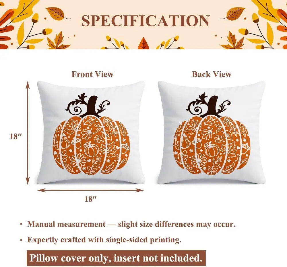 Fall Pumpkin Pillow Cover – 18x18 Decorative Autumn Throw Pillow with Floral Pumpkin, Orange Pumpkin for Living Room, Bedroom, F