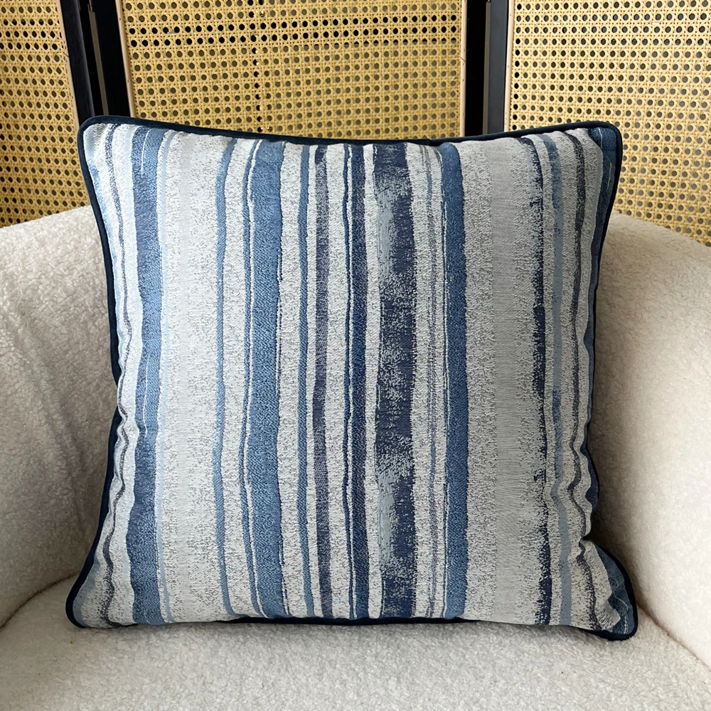 

Vintage Black Blue Stripes Decorative Pillow Case Woven Velvet Pipping Square Sofa Cushion Cover 18x18" 1 Piece Pack