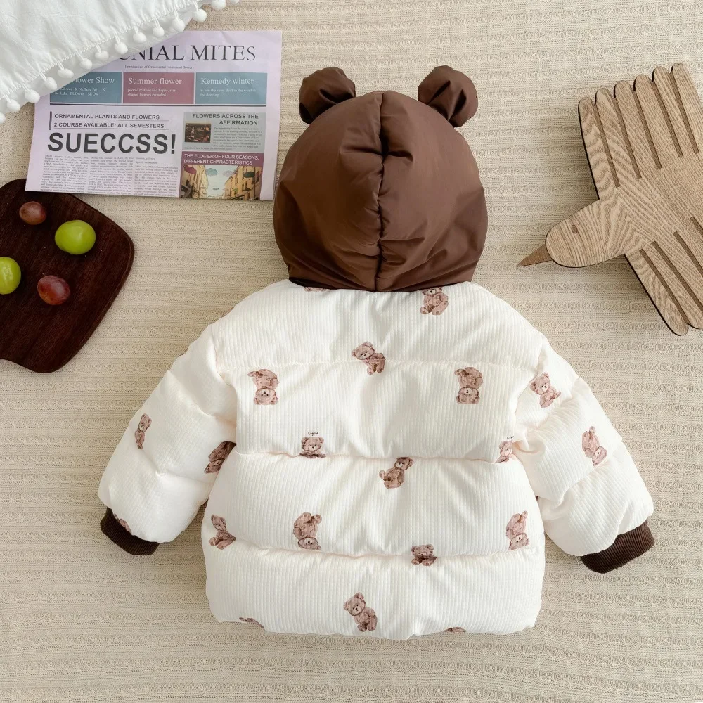 2024 Winter New in Infant Newborn Boys Girls Thicken Plush Warm Cartoon Bear Modeling Top Outwear , Toddler Kids Baby Jacket