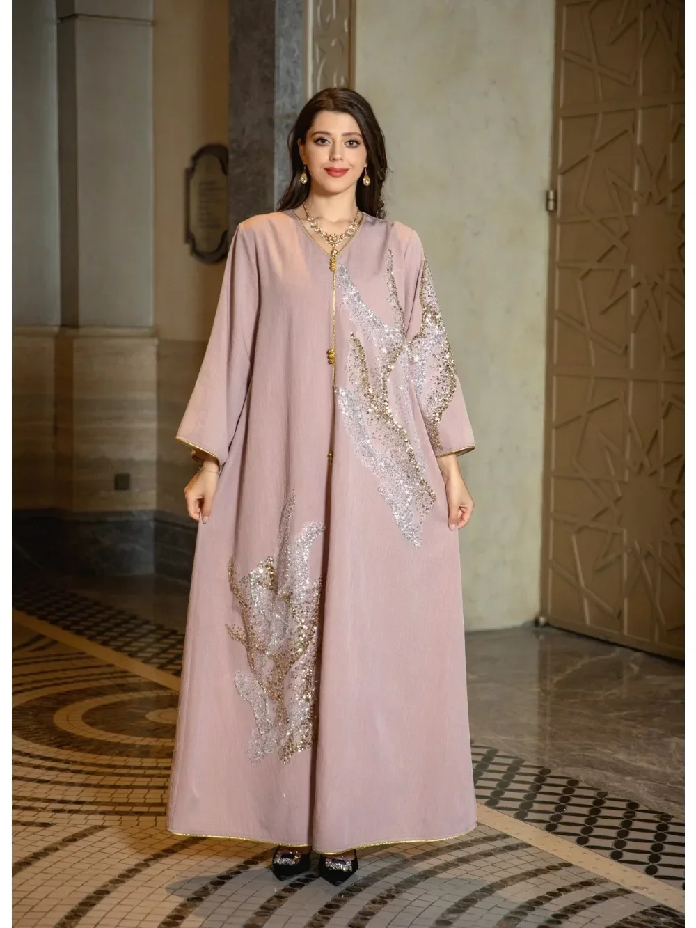 Vestido de fiesta musulmán Eid para mujer, Abaya con cuello en V, lentejuelas, Jalabiya, Marruecos, Dubai, Abayas, caftán, túnica larga árabe