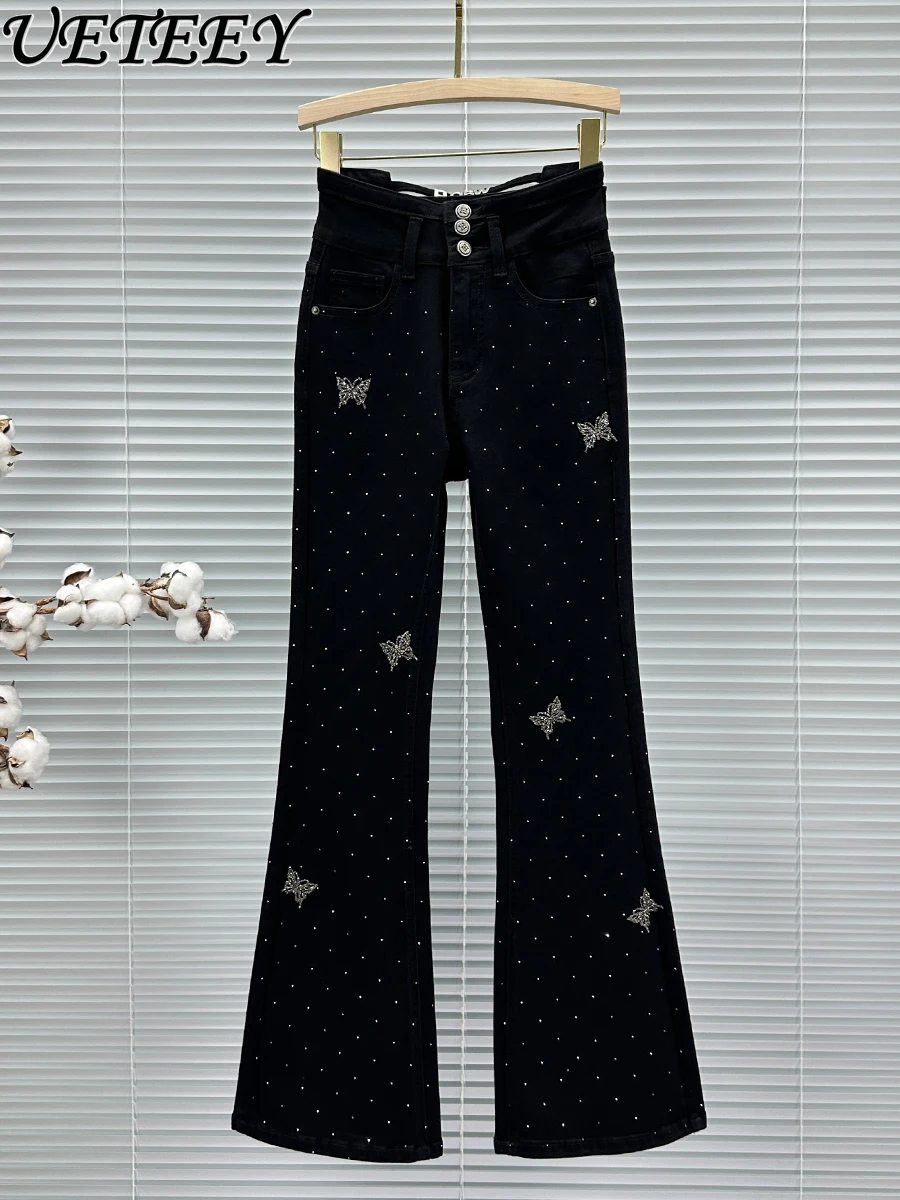 Ins Butterfly Hot Diamond Horn Jeans Women's New Spring Autumn High Waisted Versatile Slim-fitting Denim Pants Trousers