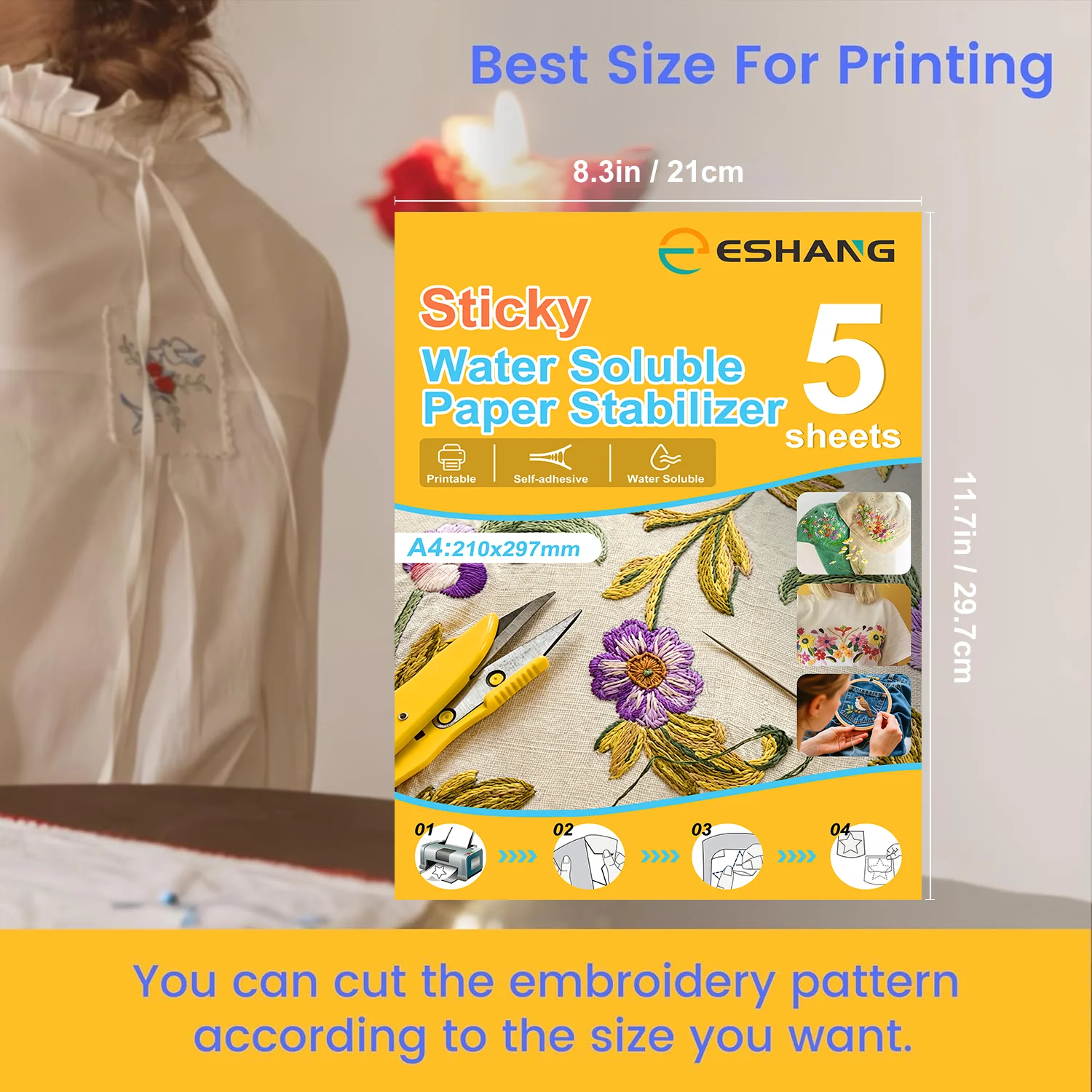 Water-Soluble Printable Embroidery Stabilizer Paper, 5 Sheets 8.3x11.7 Inch, Medium Weight for Hand and Machine Embroidery