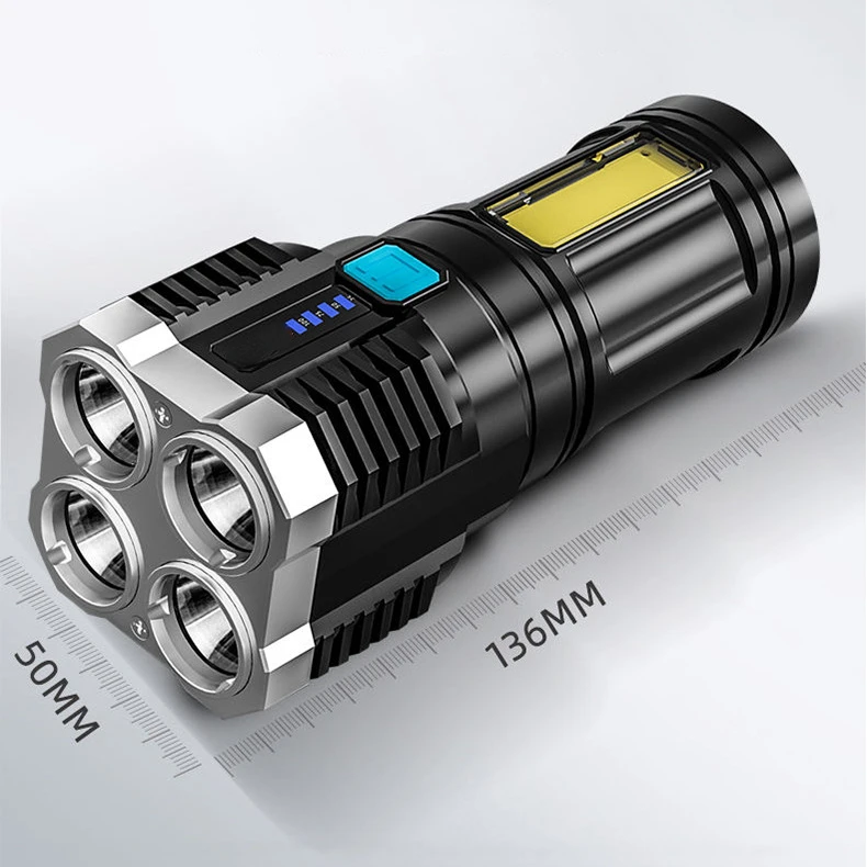 4-core Super Bright Flashlight Rechargeable Outdoor Multi-function P1000 Led Long-range Spotlight Battery Display COB Light