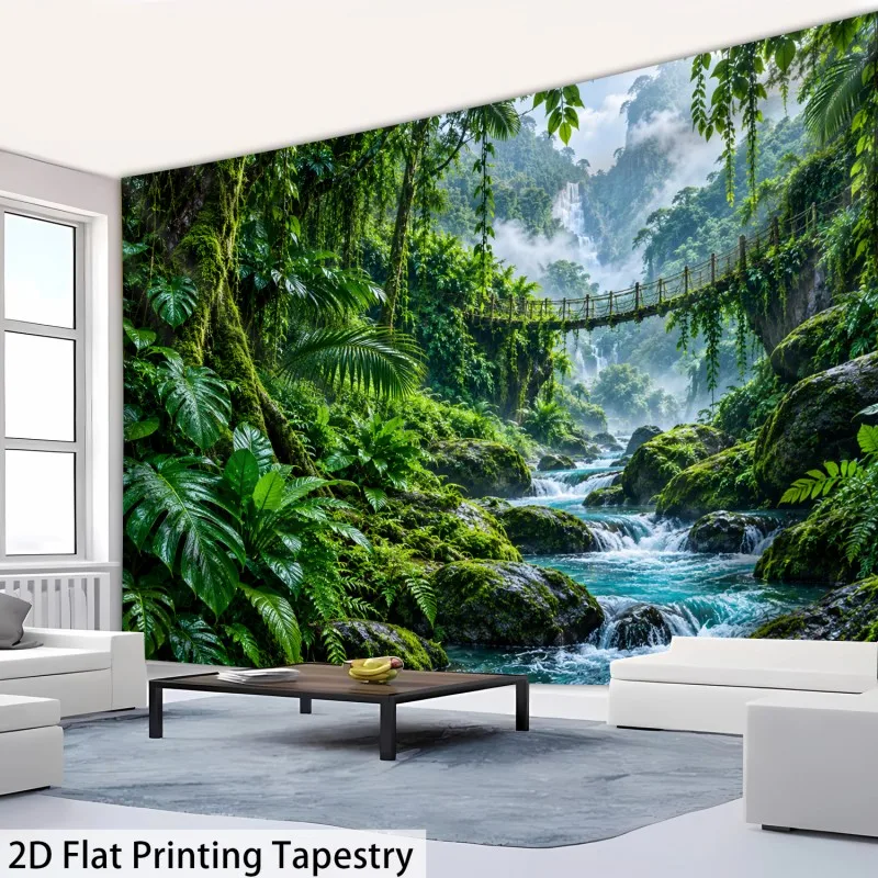 Jungle Scenery Tapestry, Rope Bridge Clear Creek Waterfall Lush Tropical Plants Wall Tapestry, Landscape Decor for Indoor Wall