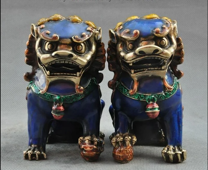 Old Chinese Fengshui bronze Cloisonne Guardion Foo Fu Dog Lion beast statue pair