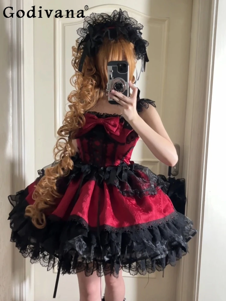 

Red Gothic Women's Dresses JSK Japanese Style Girls Sweet Cute Bow Lace Sleeveless Mini Dress Lolita Style Cos Dress Vestidos