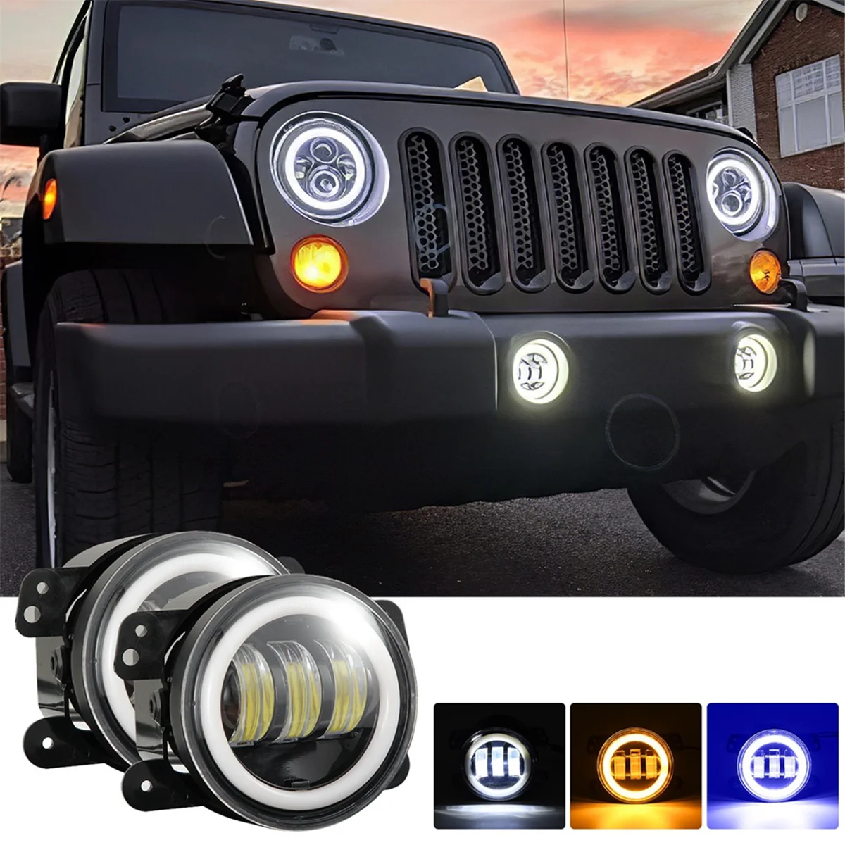 4 Inch LED Fog Lights Halo Ring Work Light for Jeep Wrangler JK, with Blue DRL Yellow Turn Signal (Blue+Yellow+White)