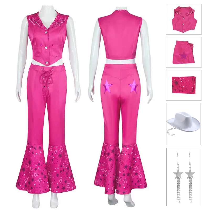 

Movie Barbi Margot Robbie Cosplay Costume 70s 80s Hippie Disco Cowgirl Outfit Vest Flare Pants Halloween Party for Women