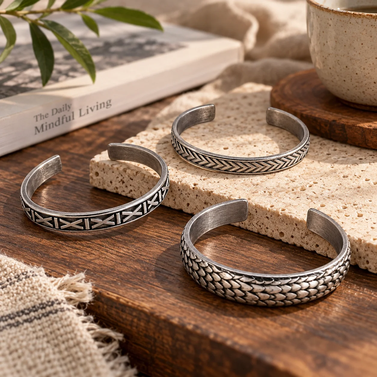 Stainless Steel Open Cuff Bangle, 9mm Width Embossed X Pattern Vintage Bracelet for Men Women