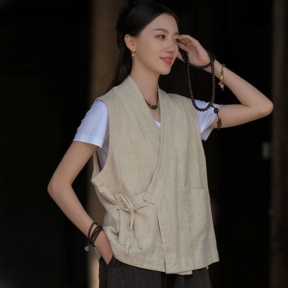 New Chinese Vest Women's Ramie Cotton Solid Color Retro Cross-Collar Improved Hanfu Style Short Single-Layer Vest Sleeveless