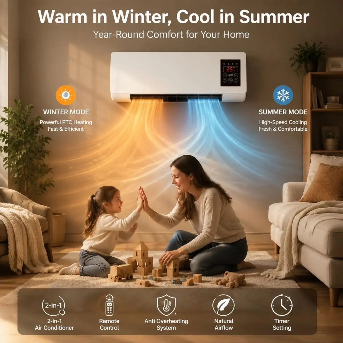 Wall Mounted Air Conditioner Ductless Mini Split Ac/Heating System with Touch Control 2 in 1 Ptc Fast Heating Wall Ac Unit No Window Heater Combo for Bedroom Kitchen Rv(White)