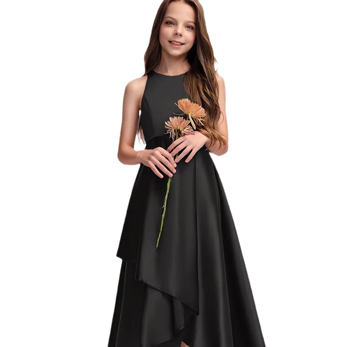 Teenage Girls Black Sleeveless Irregular Skirt Long Patchwork Dress Violin Piano Competition Fashion Performance Dress