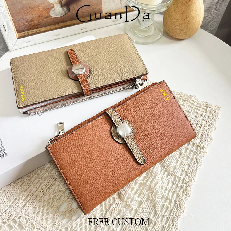 

Luxury Genuine Leather Long Wallet Woman Large Capacity Custom Name Fashion Card Holder Engrave Initials Clutch Bag Coin Purse