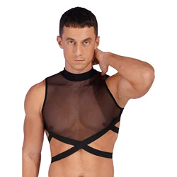 Mens Sleeveless Round Neck Sheer See-through Mesh Crop Top Solid Sexy Lingerie Zipper Back Elastic Strappy Criss Cross Vest