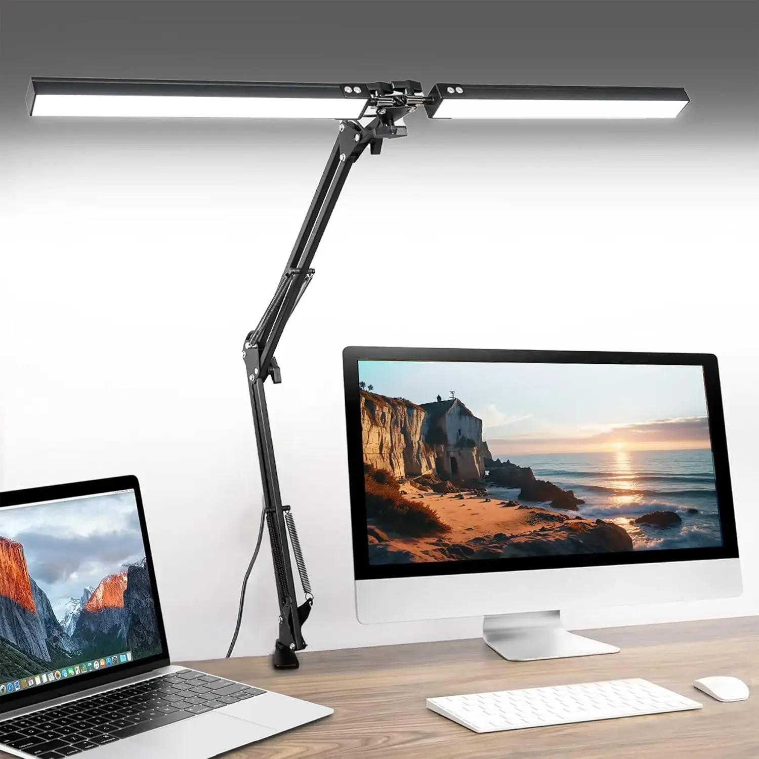 Dual Head LED Desk Lamp with Clamp, 3 Colors 10 Brightnes Swing Arm Light Eye-Caring Adjustable Architect Lamp for Home Office