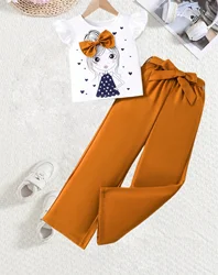 Girls Fashion Set: White Cartoon Print T-shirt with Bright Orange Bow Trousers