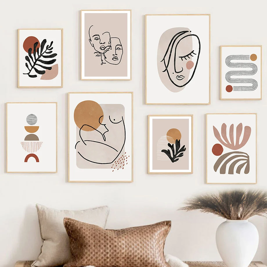 1pc Unframed Boho Line Face Sun Rainbow Leaf Geometry Wall Art Canvas Painting Abstract Posters And Prints Pictures Bedroom Livi