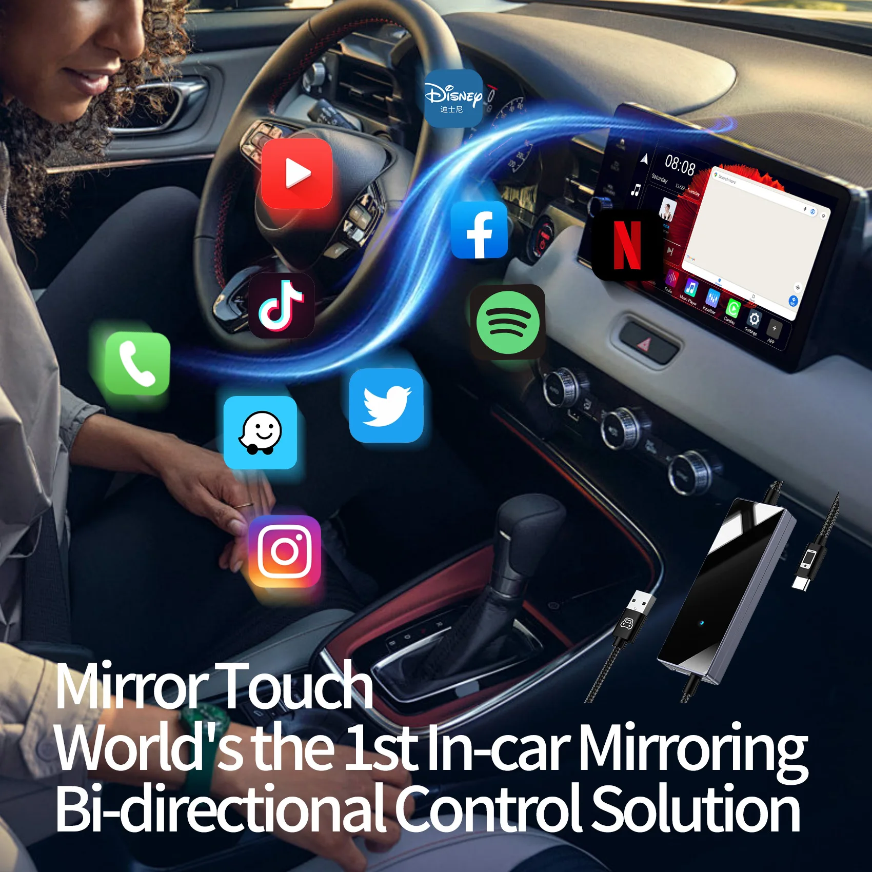 Mirror Touch Wireless CarPlay Adapter Bi-Mirroring Bi-Directional Control Dongle for iOS Android Mirror Car Accessories Spotify