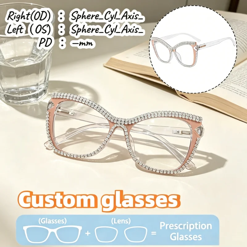 Custom Prescription Glasses Rhinestone Bling Stylish Cat Eye Frame Anti Blue Light Fashion for Women Optical Eyeglasses