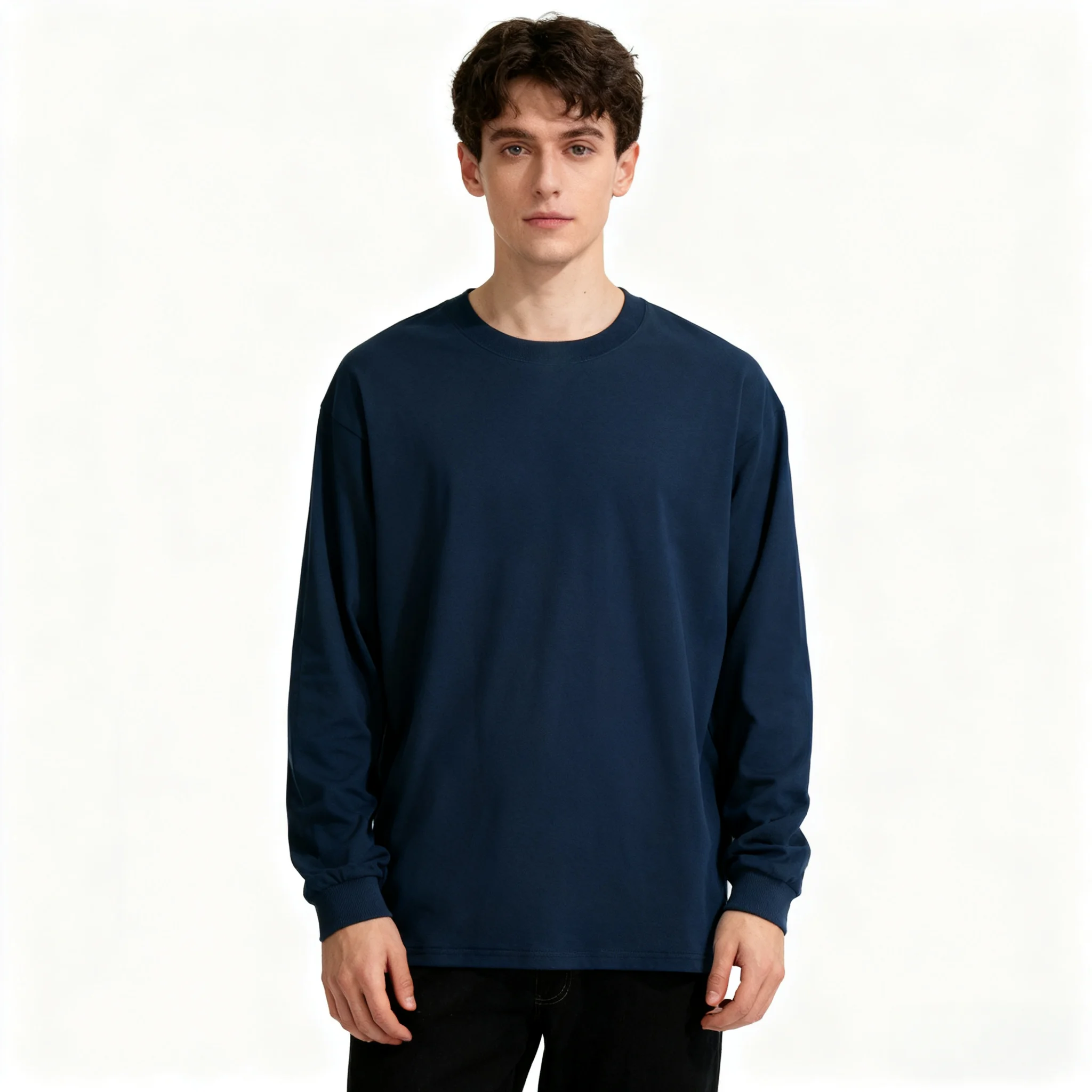 200g Men's Solid Color round Neck Long Sleeve T-Shirt combing Cotton Summer Comfort able Breathable Casual Top in Various Colors