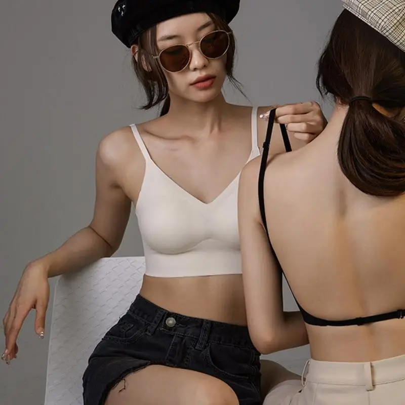 Womens U Shaped Backless Wireless Bralette Summer Thin Breathable Cotton Adjustable Spaghetti Straps Comfort Push Up Bra