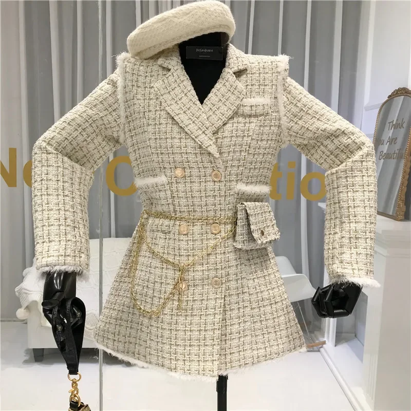 2023 New Gold thread Plaid Suit Coat Women Notched Double breasted Feather Tassel Trim Slim Tweed Jacket With Free Belt bag