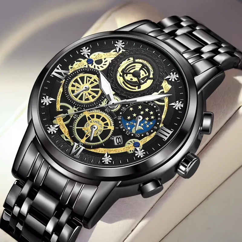 

Мужские простые повседневные кварцевые часы с черным стальным ремешком и календарем с четырьмя глазами