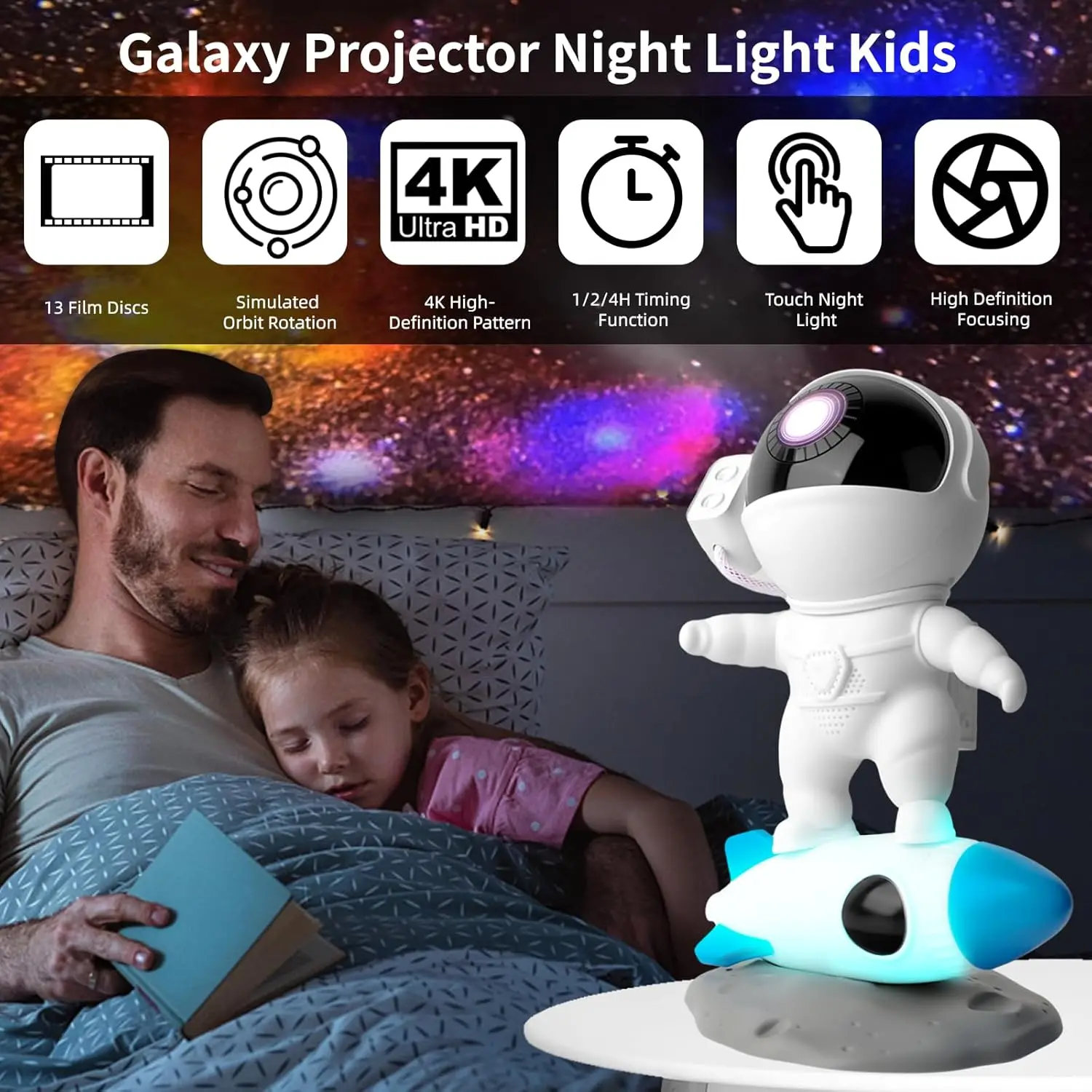 Projetor de galáxia de astronauta foguete luz noturna e projetor de céu de filme 13 em 1 360 °   Projetor planetário giratório luz presente infantil