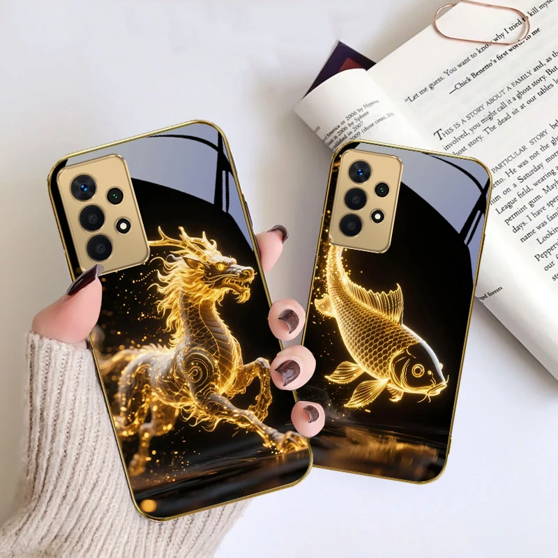 فخور هوانغ كيلين لسامسونج A 01 52S A04 A05S A10 A12 A13 22 23 24 36 42 M02 نوت 10 20 الترا 8 9 الزجاج الذهبي جراب هاتف #2