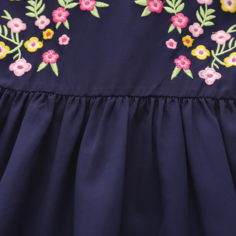 Humor Bear Children Clothes Characteristic Lace Flower Embroidery Design Dark Blue New Fashion Style Girls Dress