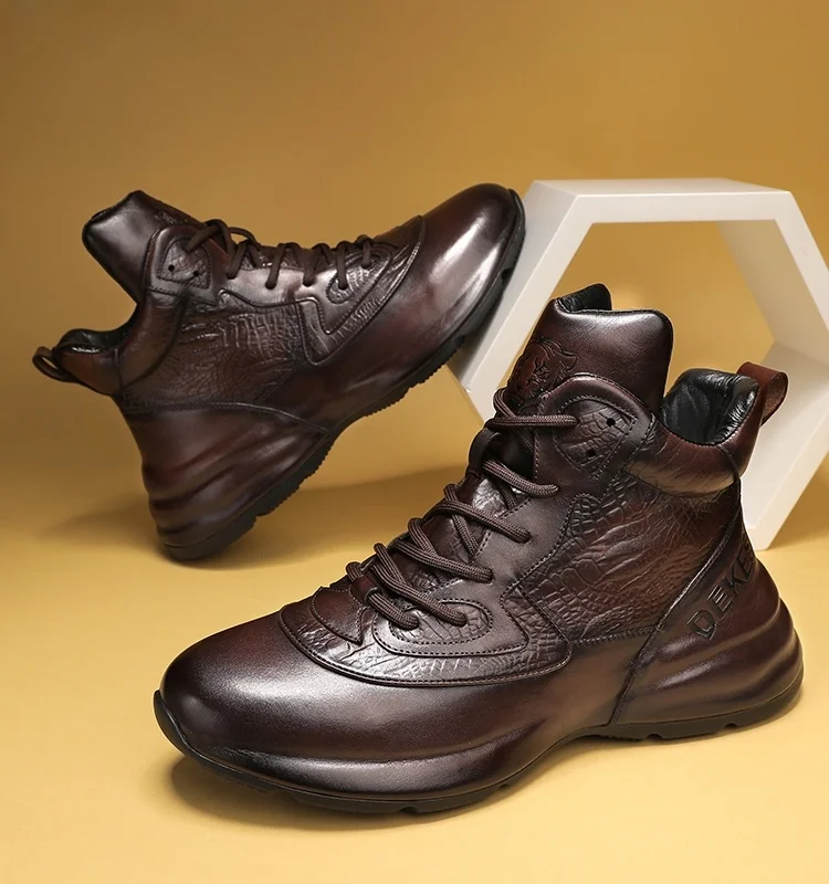 

Dekesen Men's High Top Sport oes Thi Bot Fce Lined Leather Boots round Toe Casual Wear Resistant Rubber Outsole