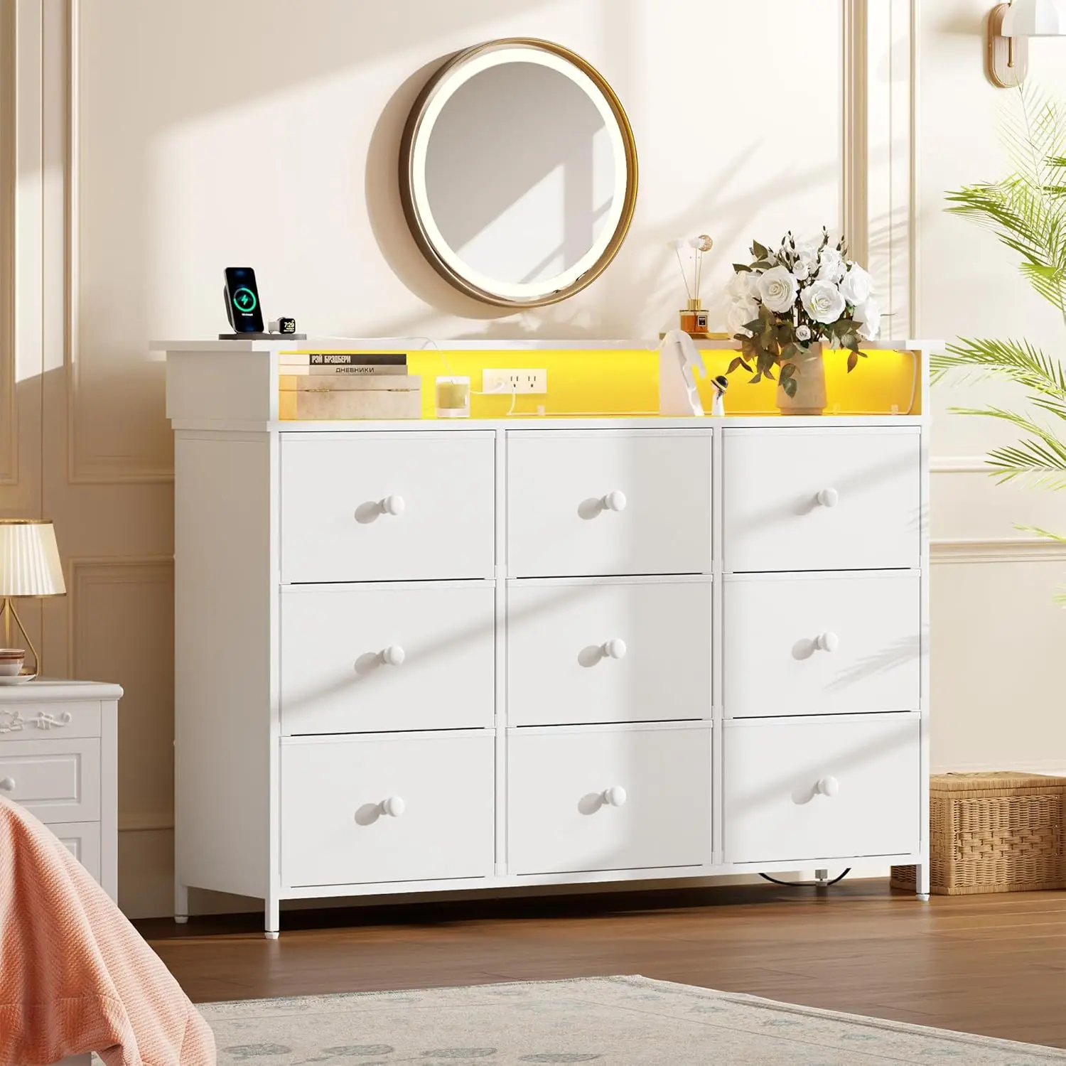 

Dresser for Bedroom with 9 Drawer,White Dresser with LED Light,TV Stand for Bedroom with Charging Station,Closet (White)