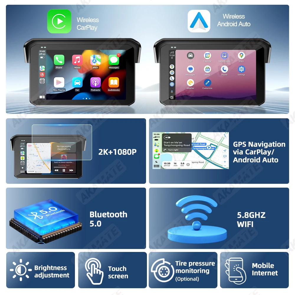 شاشة دراجة نارية لاسلكية CarPlay أندرويد السيارات بلوتوث الملاحة 5 بوصة IPS شاشة محمولة مقاوم للماء GPS التحكم عن بعد