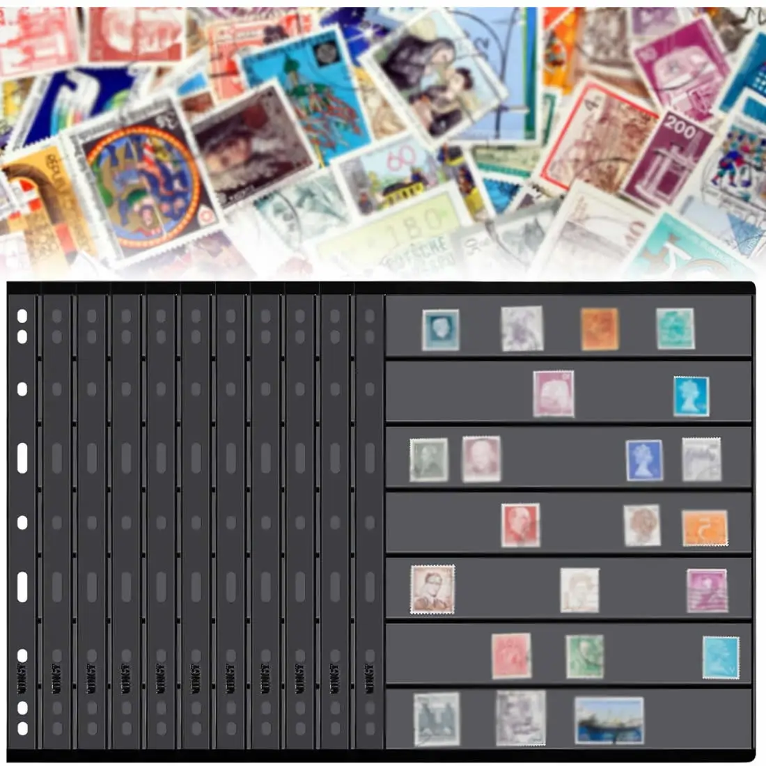10pcs Double Sided Stamp Pages 7 Rows 9 Hole Binder Sleeves Stamp Collection Inserts Album For Stamps Collecting Supplies