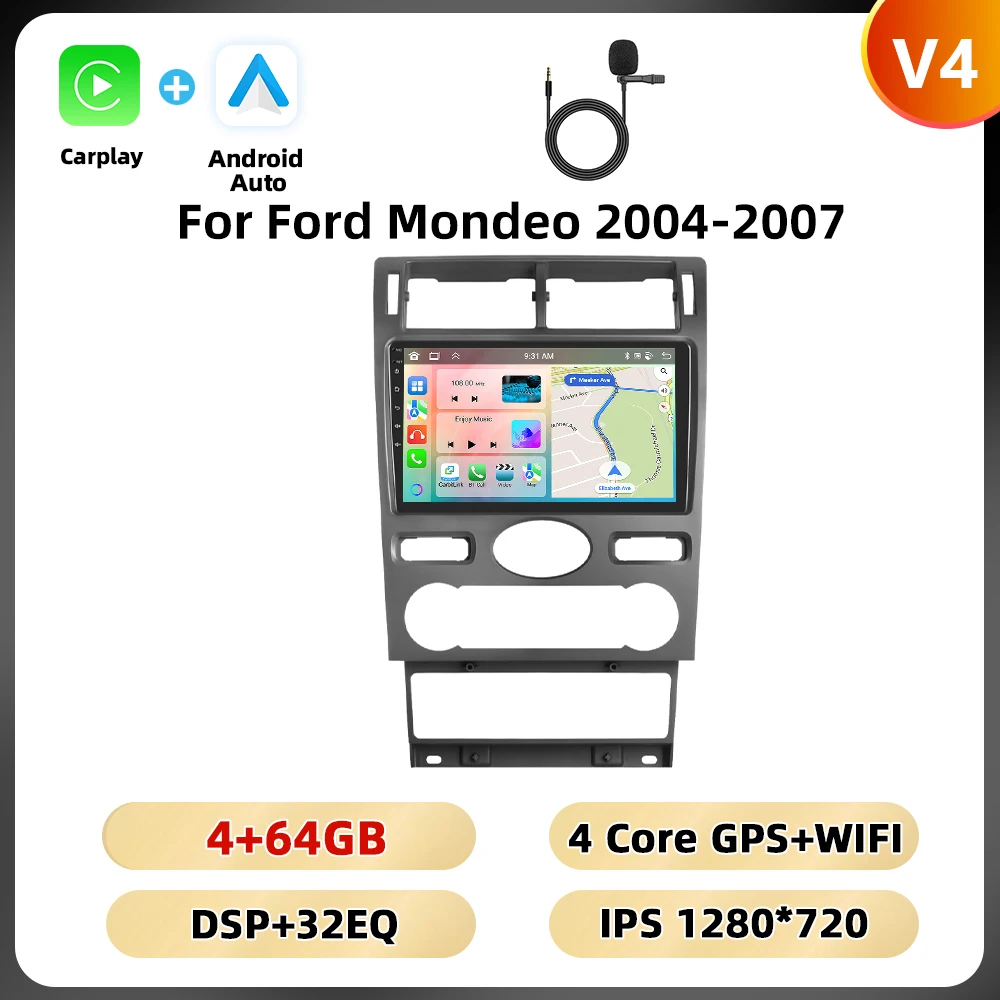 Podofo 9 ''2din Autoradio Voor Ford Mondeo 2004-2007 Multimediaspeler Carplay Android Car Navigation Dsp Ai Voice Bt Car Audio