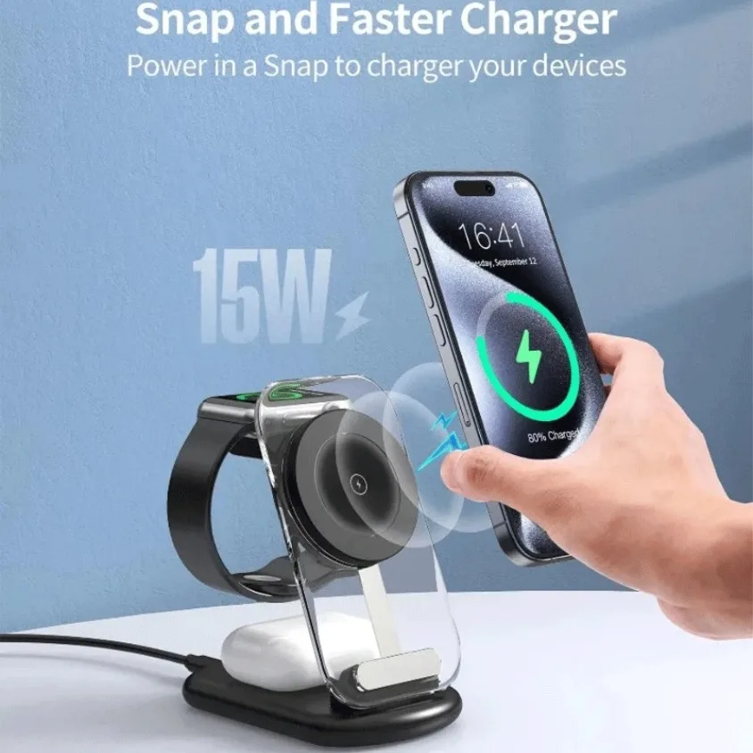 3 in 1 Magnetic Wireless Charger Holder Stand LED Night Light with Transparent Suitable for iPhone 17 16 15 for Apple Watch 10 9