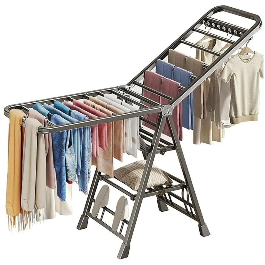 

Heavy Duty Clothes Drying Rack Foldable with Wheels, 71 ExtraThick Metal Laundry Dryer Stand, 27 Rods FreeStanding for Indoor Ou