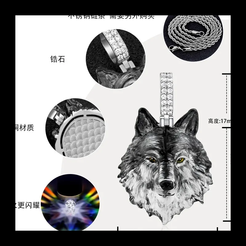 قلادة رأس الذئب المينا المطلية يدويًا نقية، قلادة طوطم الذئب المرصعة بالألماس على طراز الهيب هوب