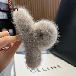 Real Mink Fur Barrettes Winter Fluffy Hair Claw Elegant Acrylic Hairpins Clip Crab Headwear for Women Girls Hair Accessories