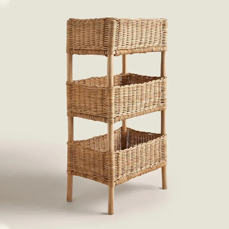 Country-style floor-to-ceiling rattan storage shelves, B&B decorative sundries, shelves, hand-woven solid wood multi-layer stora