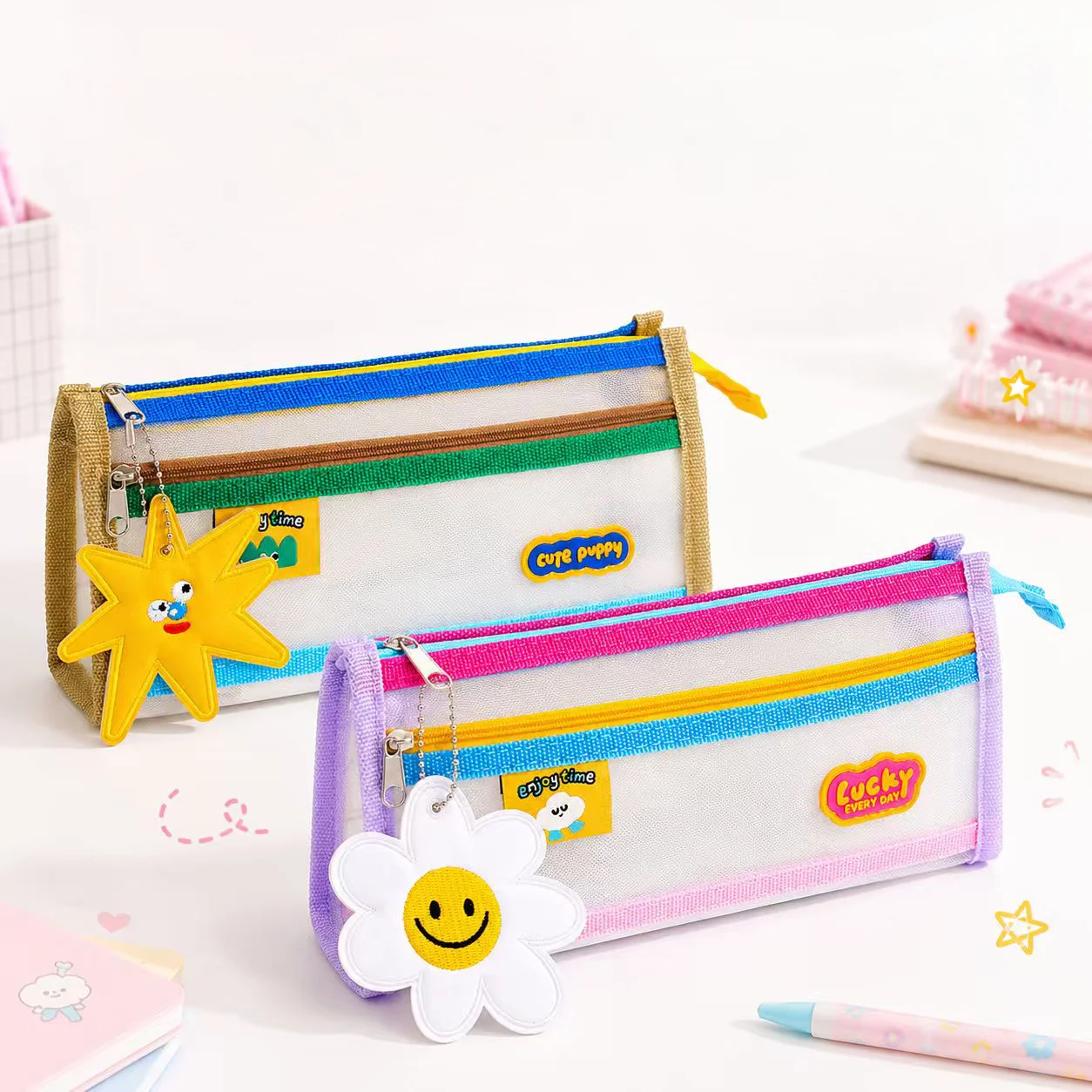 Cute Transparent Mesh Pencil Case Large Capacity Pen Pouch Colorful Zipper Stationery Storage Bag for Students Kawaii School Sup
