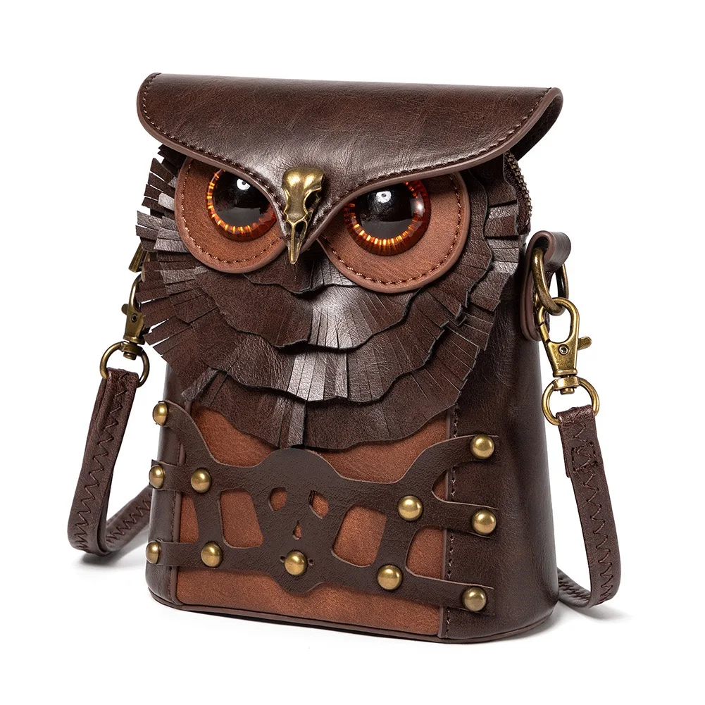Owl Shape Crossbody Bag Women's 3D Animal Pattern Retro Rivet Shoulder Purse Fashion Casual Mini Messenger Bag Unique Decorative view 2