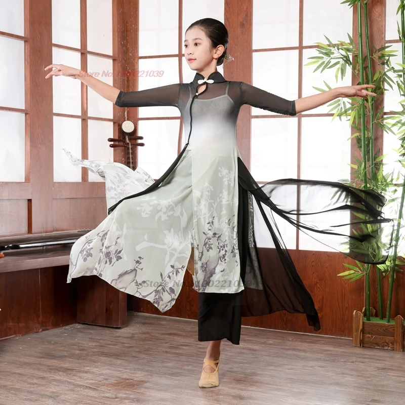 2025 中国ヴィンテージ子供ダンス衣装国家フラワープリントメッシュ袍トップス + パンツセット伝統的なステージパフォーマンスドレス