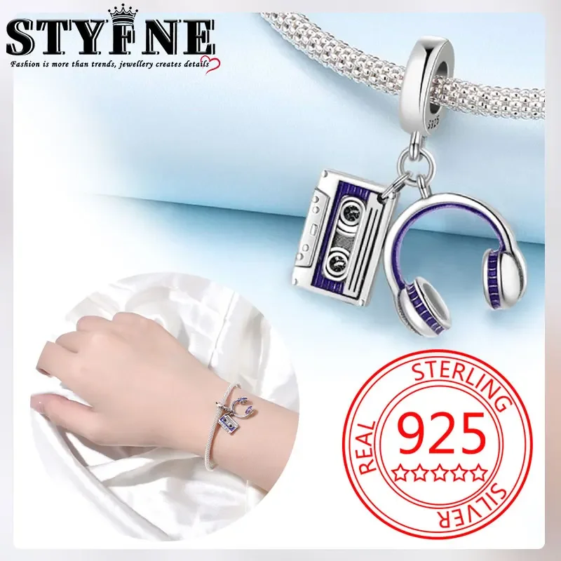 Travel Hobbies 2025 Beads 925 Sterling Silver Blue Headphone Recording Strap Charms for Women's Jewelry DIY Pulseras Gift