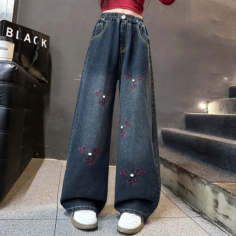 New Fashion Kids Harajuku Embroidery Jeans for Girl High Quality American y2k Design Straight Flower Denim Pants Casual Trousers