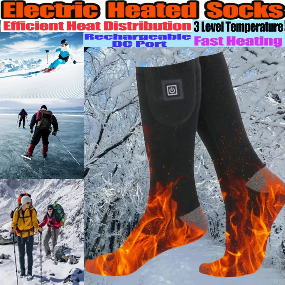 Electric Heated Socks 3 Level Temperature Rechargeable Cold-Proof Foot Warmers Fast Heating for Outdoor Activities Skiing