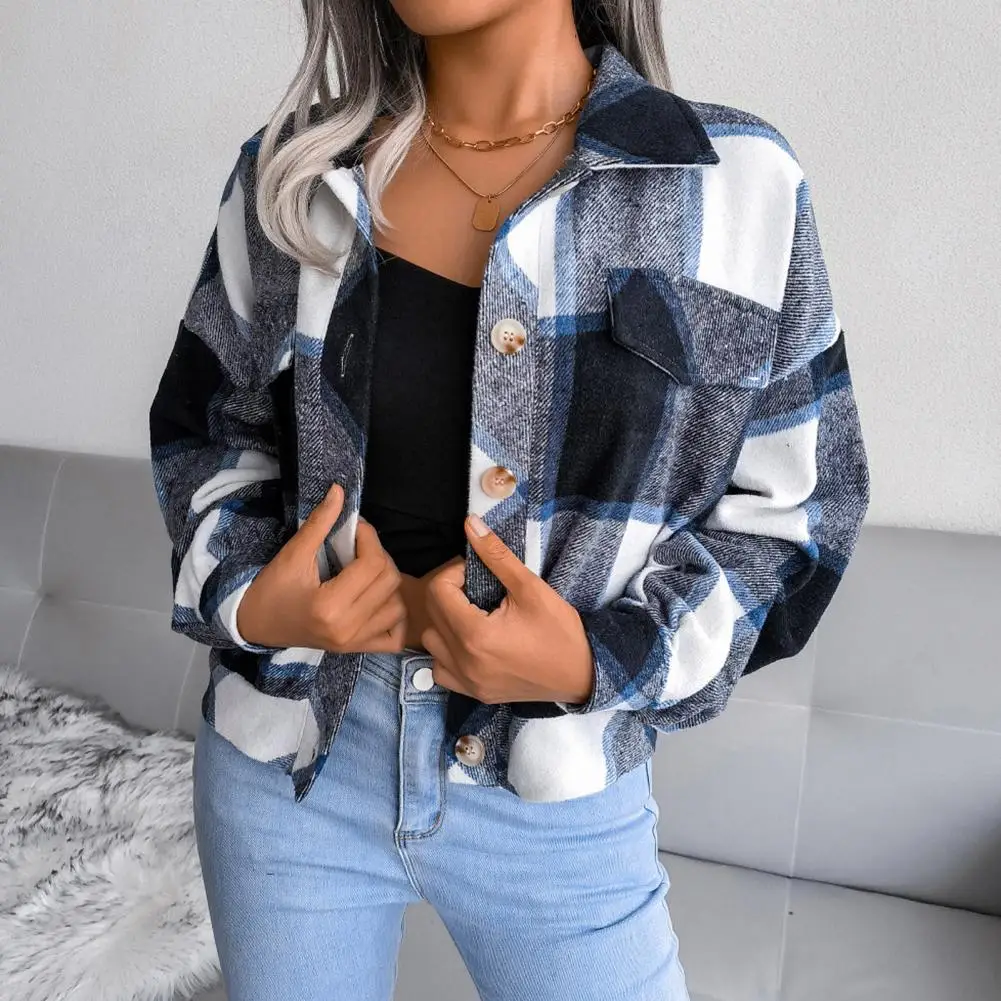 

Short Jacket Plaid Print Women's Jacket with Turn-down Collar Fake Pocket Stylish Fall Spring Coat for Commuting Dating Lapel